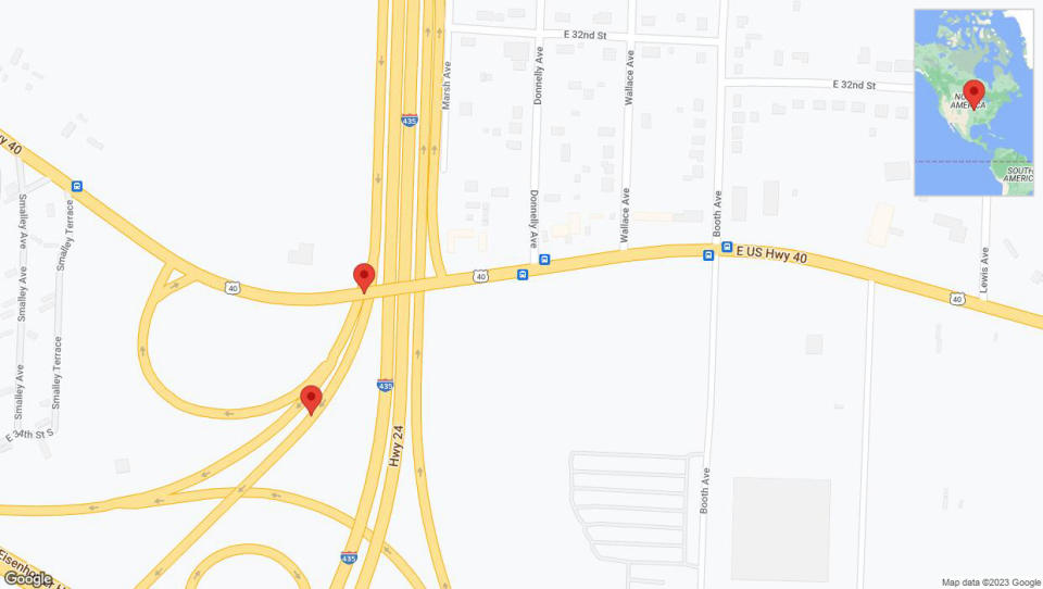 A detailed map that shows the affected road due to 'Broken down vehicle on the East US Highway 40 in Kansas City' on October 16th at 3:14 p.m.