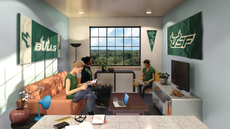 A rendering of a dorm living room in the upcoming USF Sarasota-Manatee student dorms, slated to open in the fall of 2024