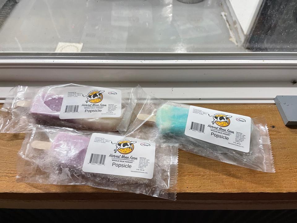 Yogurt popsicles made at Harvest Home Dairy, seen on August 18, 2023. The dairy makes a variety of products, including yogurt, milk and cheese.