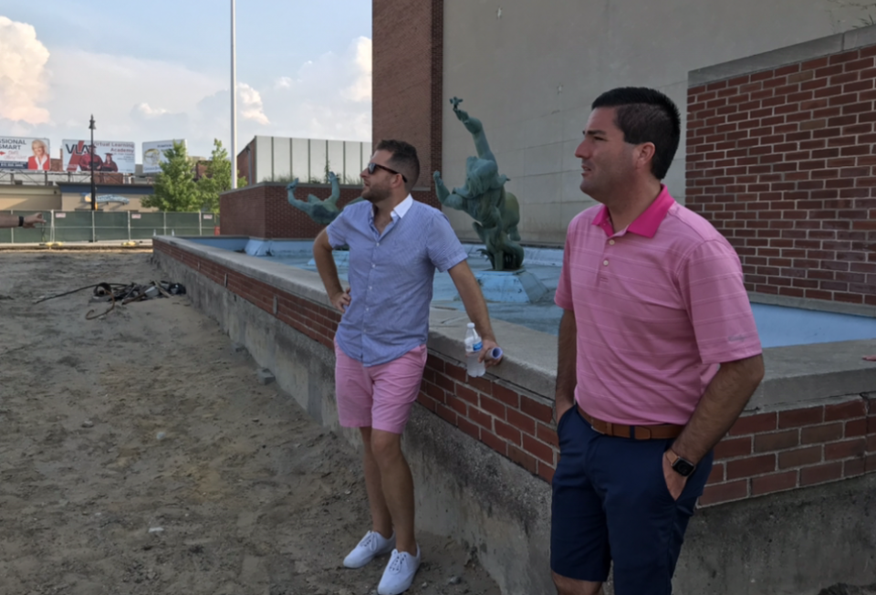 Port Huron Councilman Jeff Pemberton and City Manager James Freed look over the McMorran Plaza site during a special meeting on Tuesday, July 6, 2021.