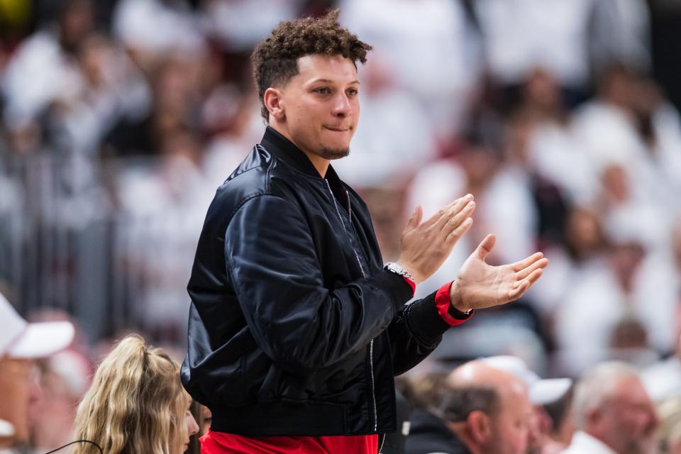 Former Texas Tech star Patrick Mahomes, pictured at a Tech-Baylor basketball game in February at United Supermarkets Arena, returns to Lubbock on Saturday. The four-time Pro Bowl quarterback of the Kansas City Chiefs will be inducted into the Tech Athletics Hall of Fame and the Tech football Ring of Honor.