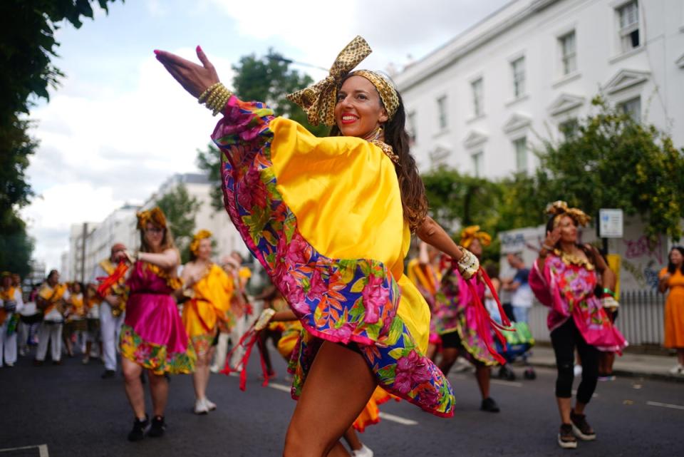 Performers during the children’s parade on Family Day at the Notting Hill Carnival in London (Victoria Jones/PA) (PA Wire)
