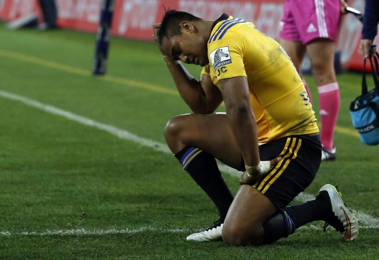 Hurricanes player Julian Savea reacts during the Super 15 rugby union final between the Wellington Hurricanes and Otago Highlanders at Westpac Stadium in Wellington on July 4, 2015