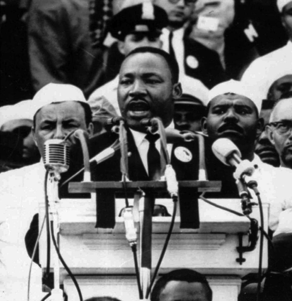 The Rev. Martin Luther King Jr. addresses marchers during his "I Have a Dream" speech at the Lincoln Memorial in Washington on Aug. 28, 1963.