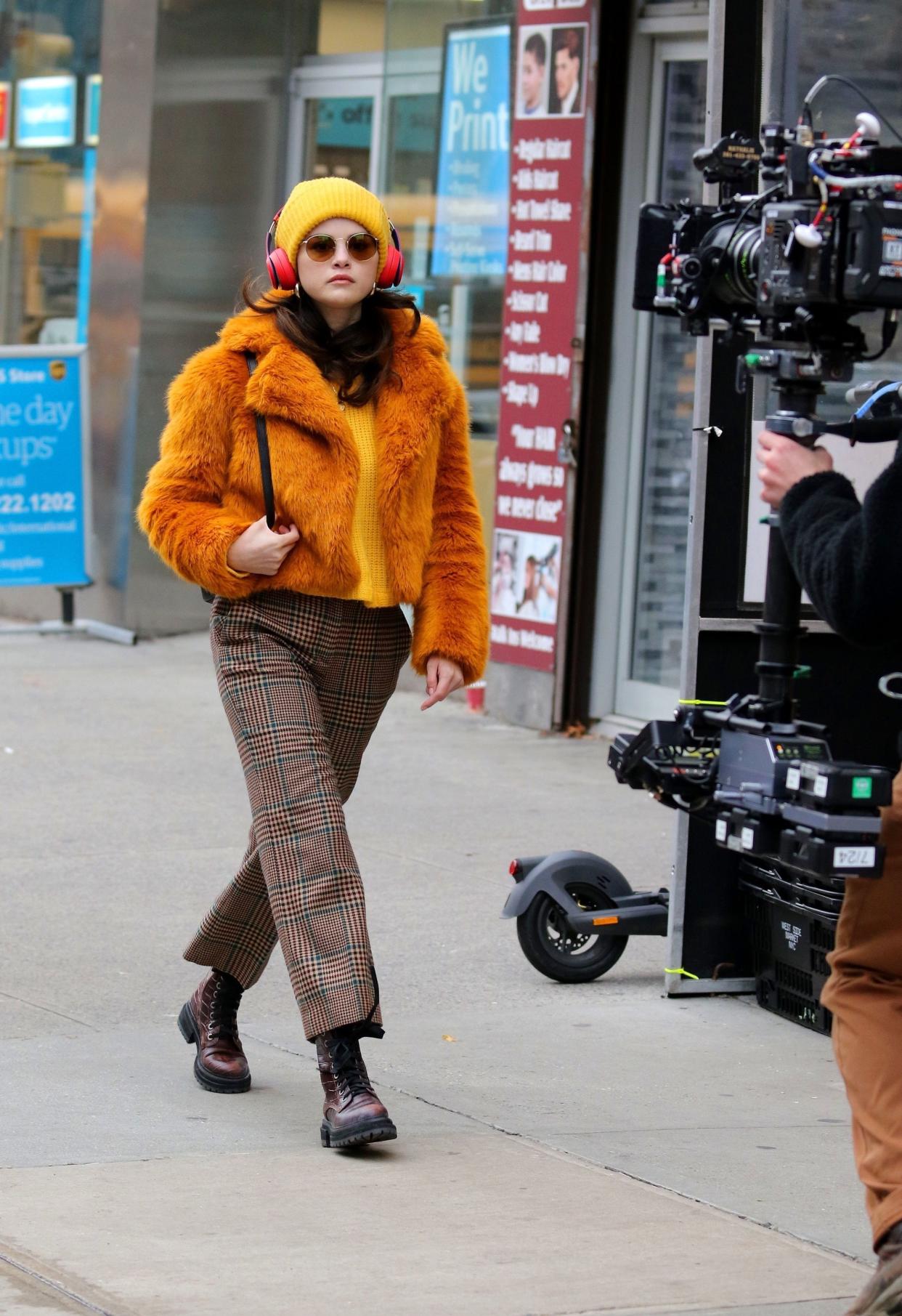 Selena Gomez sports a colorful wardrobe on set of "Only Murders In The Building" in Manhattan on Monday, Dec. 7, 2020.