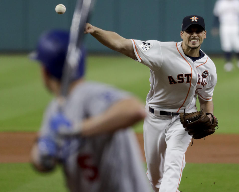 Charlie Morton stymied the Dodgers offense in Game 4 of the World Series. (AP Photo/Matt Slocum)