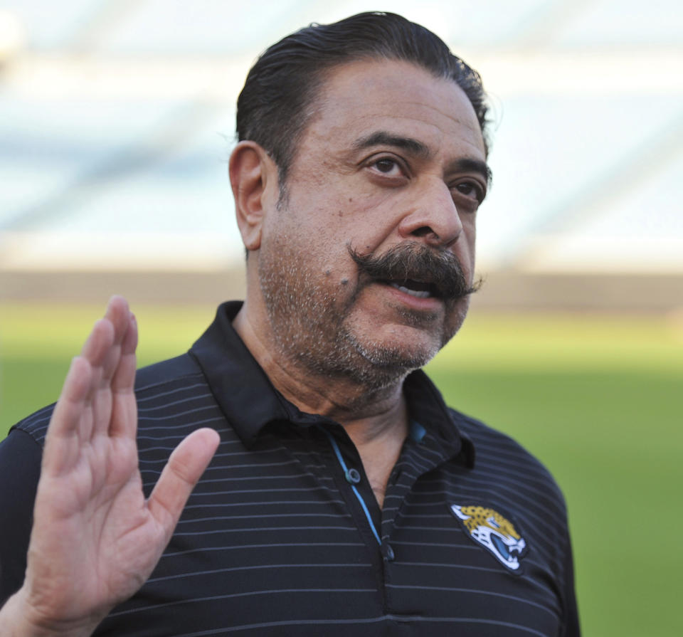 Jacksonville Jaguars owner Shad Khan announced on Wednesday that he is withdrawing his bid to buy iconic Wembley Stadium. (AP)