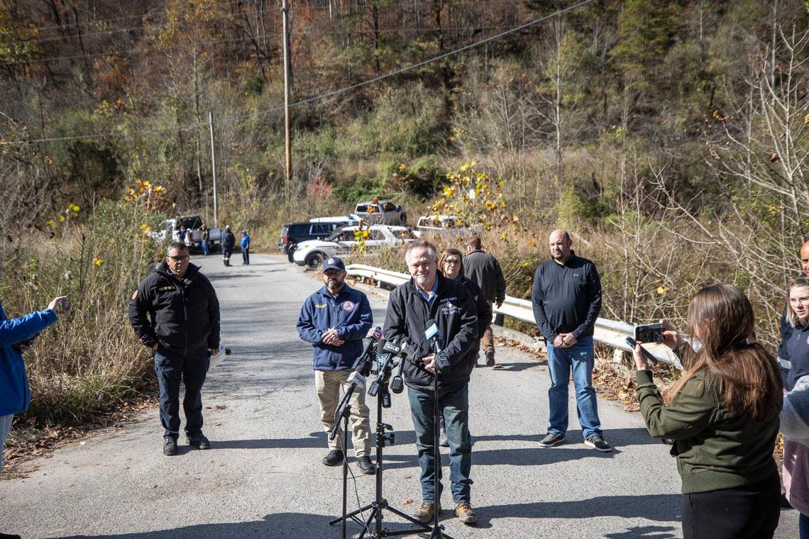 Martin County Judge Executive Lon Lafferty speaks to members of the media about the rescue operation underway for two workers trapped inside a collapsed coal preparation plant in Martin County, Ky., on Wednesday, Nov. 1, 2023. Officials confirmed one of the workers had died.