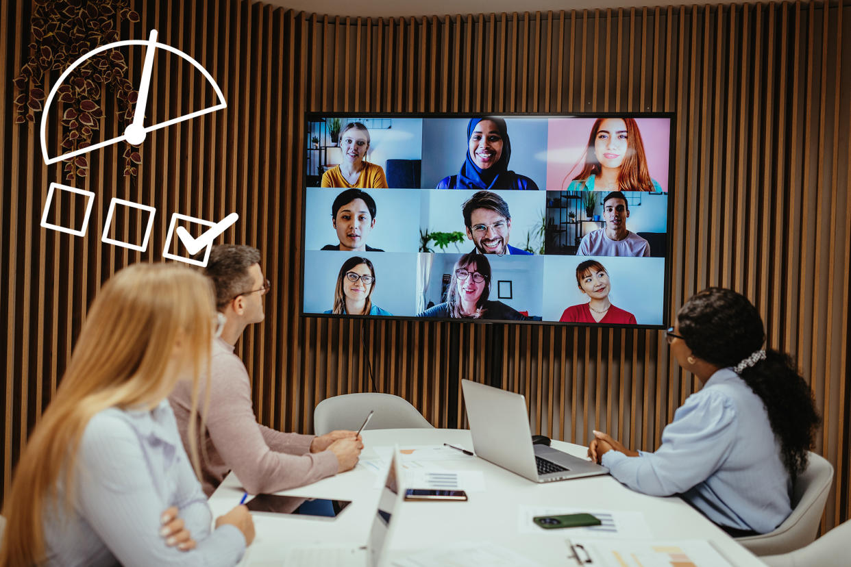 Officer workers meeting with colleagues over a video call