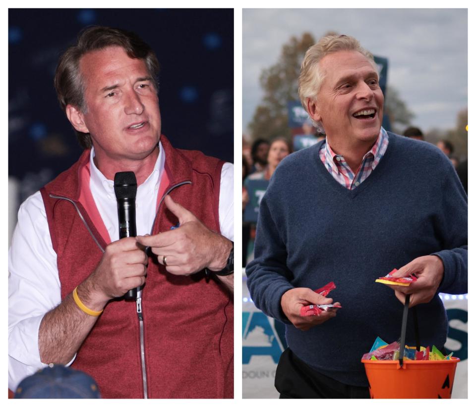 Glenn Youngkin,   Terry McAuliffe / Credit: Anna Moneymaker/Getty Images,  Win McNamee/Getty Images