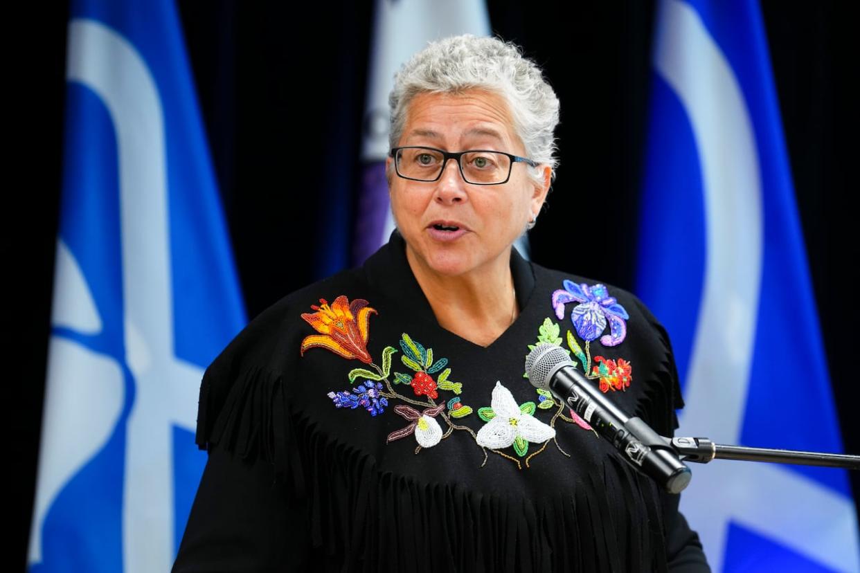 Métis Nation of Ontario President Margaret Froh takes part in a news conference following a Métis National Council meeting in Ottawa in June 2023. (Sean Kilpatrick/The Canadian Press - image credit)