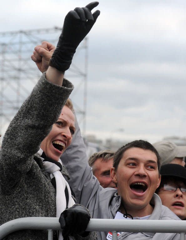 Opposition protesters attend a rally at the Bolotnaya Square in central Moscow, on May 6, 2013 to denounce Russian President Vladimir Putin one year into his new Kremlin term