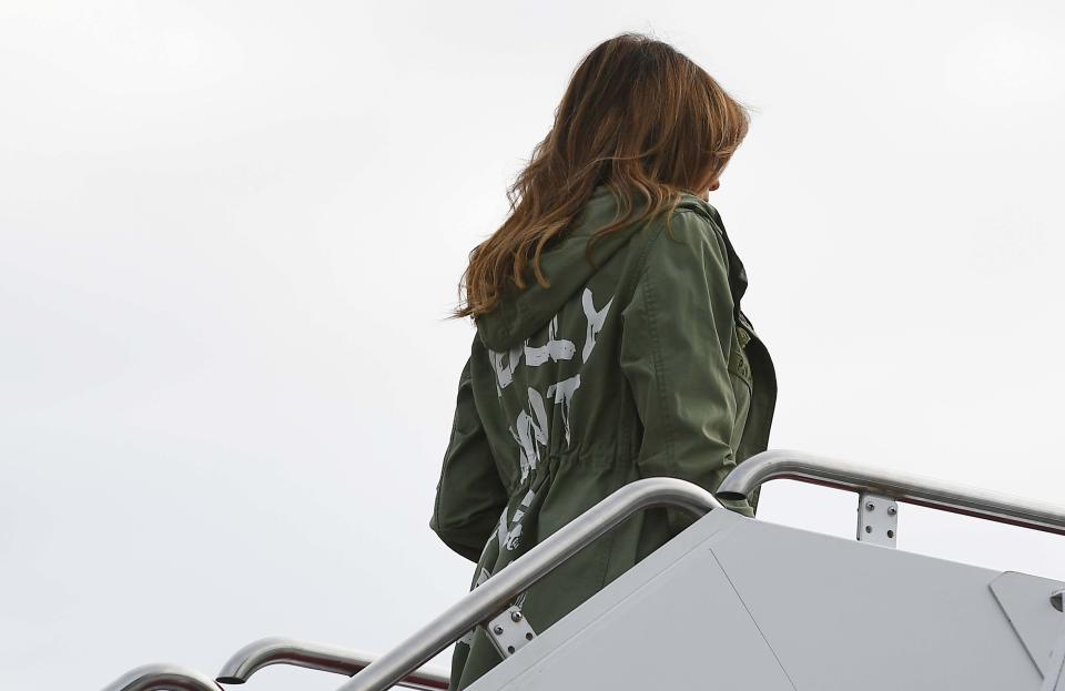 For Trump’s visit last week to a housing facility for children in McAllen, Texas, words on the back of her jacket read: “I really don’t care, do u?” (Photo: Getty Images)