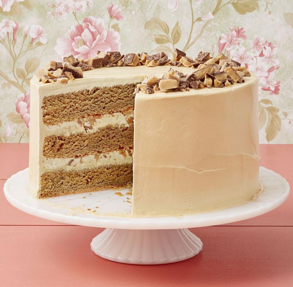 spring cake recipes coffee toffee crunch cake on white cake stand