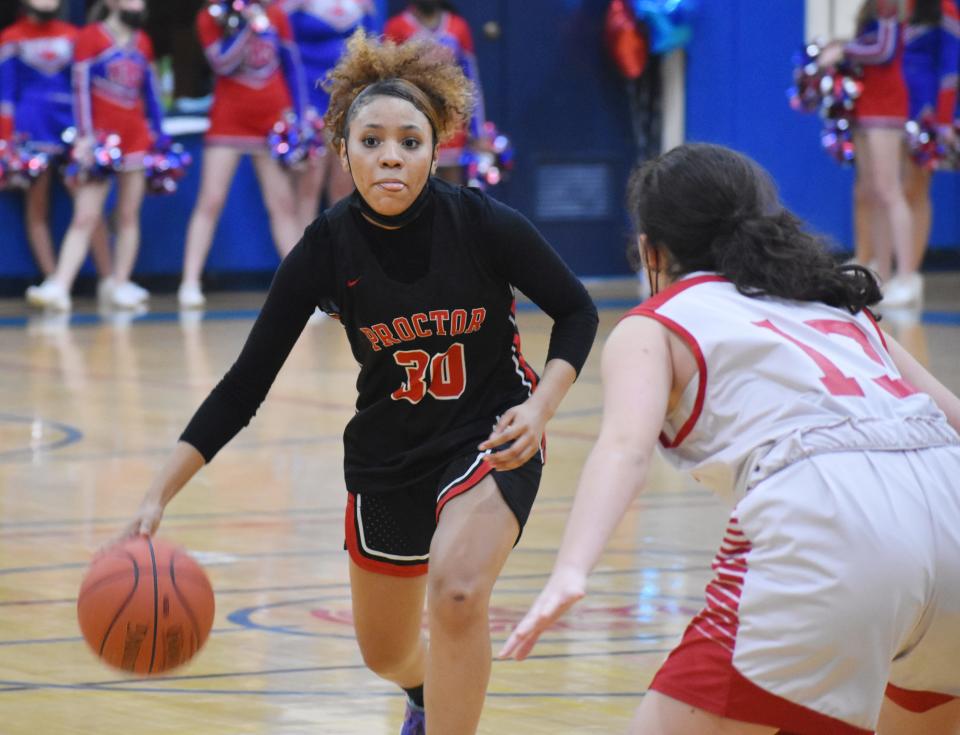 Proctor's Aniya Irizarry looks to make a move against New Hartford on Friday, Dec. 17, 2021.