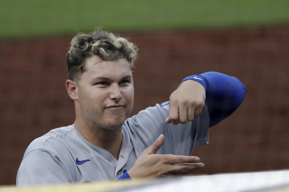 Los Angeles Dodgers right fielder Joc Pederson gestures above the dugout during the fifth inning of a baseball game against the Los Angeles Dodgers, Monday, Aug. 3, 2020, in San Diego. (AP Photo/Gregory Bull)