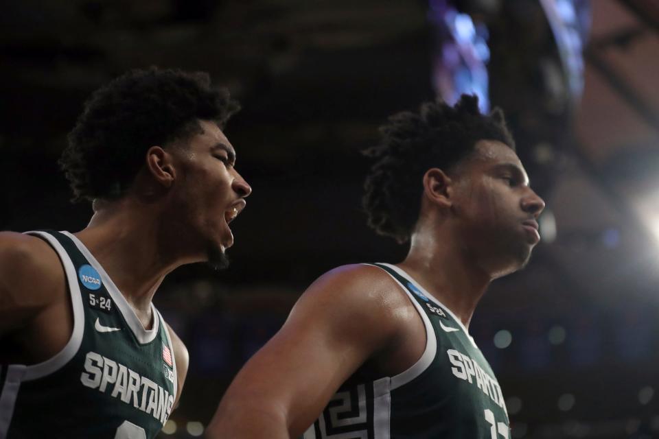 Michigan State guards Jaden Akins, left, and A.J. Hoggard celebrate after Hoggard scored during the second half of MSU's 98-93 overtime loss vs. Kansas State in the Sweet 16 on Thursday, March 23, 2023, in New York.