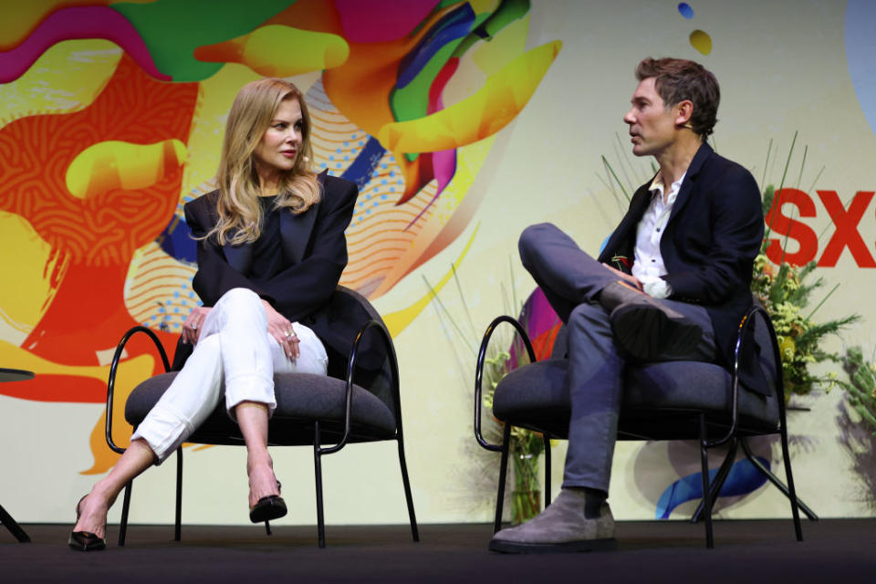 (L-R) Nicole Kidman and Per Saari at the "Spotlight on Blossom Films" feature session during the 2023 SXSW Sydney on Oct. 19 in Sydney.