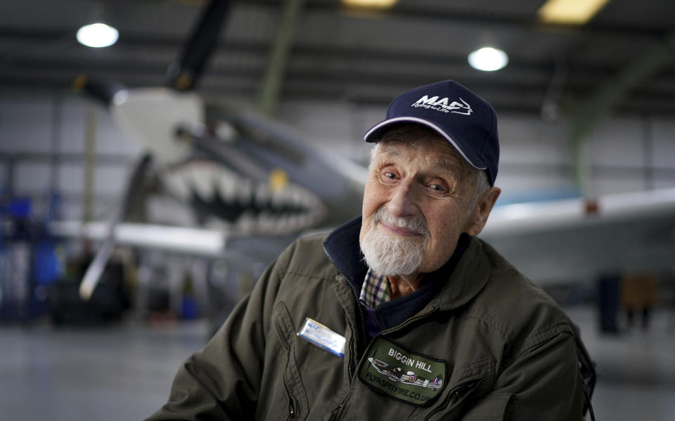 Jack Hemmings, 102, AFC, speaks during an interview before flying a Spitfire plane to mark 80th anniversary of the military charity Mission Aviation Fellowship (MAF) in Biggin Hill, southeast London, England, Monday, Feb. 5, 2024. The former RAF Squadron Leader and pioneer of MAF, the world's largest humanitarian air service, hopes to become the oldest Briton to fly in a spitfire. Hemmings, who lives in Horam, Sussex, has been given access to the iconic Heritage Hanger at London Biggin Hill, and will take to the skies in Britain's best-loved Second World War aircraft to raise money for MAF, the charity he co-founded almost 80 years ago. (Gareth Fuller/PA via AP)