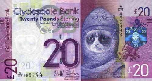 20 pound note with Grump Cat superimposed over it