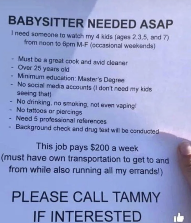 A flier asking for a babysitter for four children for six hours a day, says applicants must have a master's degree, can't have social media accounts, and the pay is $200 a week