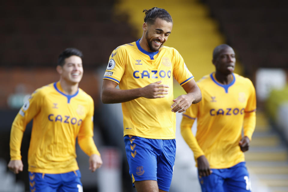 Everton's Dominic Calvert-Lewin celebrates after scoring his side's opening goal during the English Premier League soccer match between Fulham and Everton, at Craven Cottage stadium, London, Sunday, Nov. 22, 2020. (John Sibley, Pool via AP)