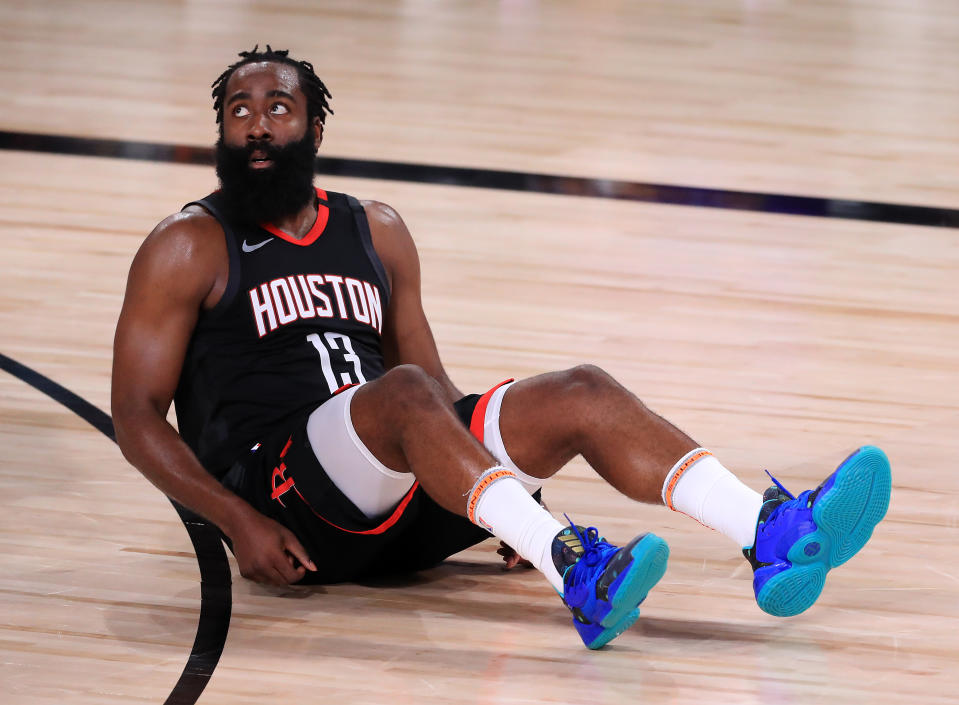 LAKE BUENA VISTA, FLORIDA - SEPTEMBER 12: James Harden #13 of the Houston Rockets reacts during the third quarter against the Los Angeles Lakers in Game Five of the Western Conference Second Round during the 2020 NBA Playoffs at AdventHealth Arena at the ESPN Wide World Of Sports Complex on September 12, 2020 in Lake Buena Vista, Florida. NOTE TO USER: User expressly acknowledges and agrees that, by downloading and or using this photograph, User is consenting to the terms and conditions of the Getty Images License Agreement. (Photo by Michael Reaves/Getty Images)