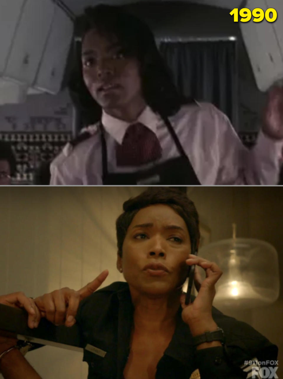 Angela Bassett as a flight attendant and a cop on TV