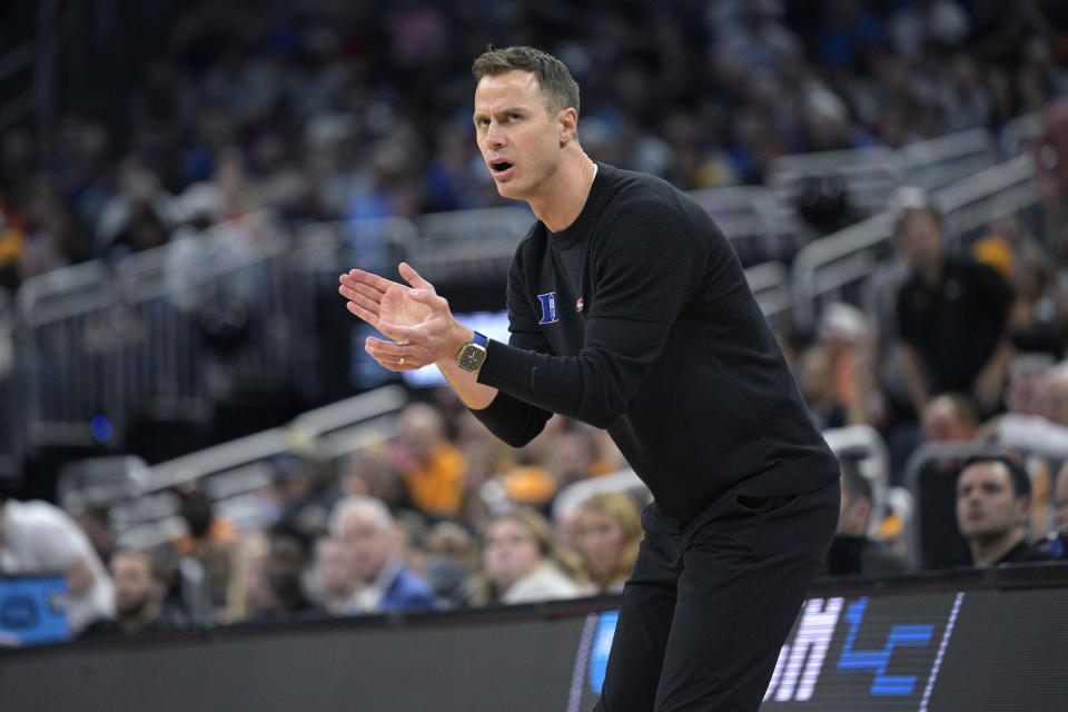 FILE - Duke head coach Jon Scheyer reacts during the first half of a second-round college basketball game against Tennessee in the NCAA Tournament, March 18, 2023, in Orlando, Fla. The Duke Blue Devils are ranked No. 2 in the preseason AP Top 25. (AP Photo/Phelan M. Ebenhack, File)