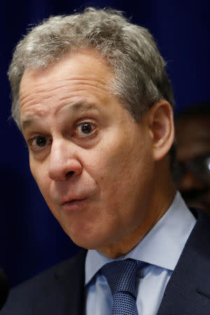 FILE PHOTO: New York State Attorney General Eric T. Schneiderman speaks at a news conference during a community gun buy-back program in White Plains, New York, U.S., April 13, 2018. REUTERS/Shannon Stapleton/File Photo