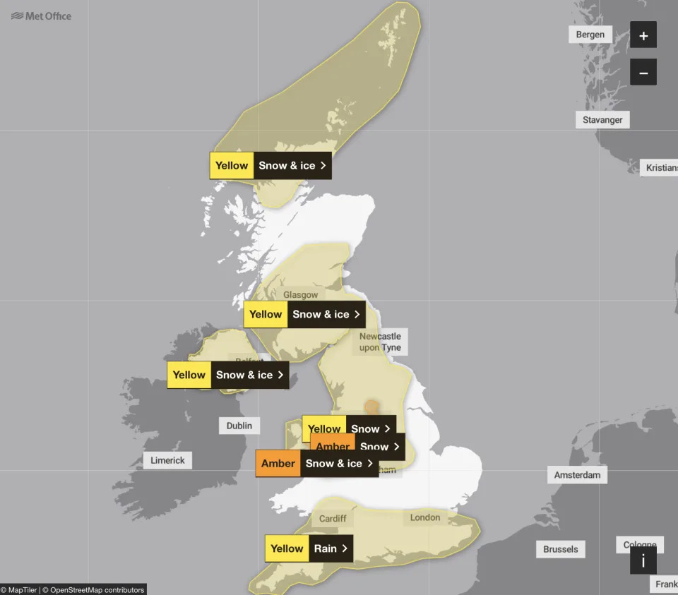 Amber and yellow weather warnings have been issued by the Met Office. (Met Office)