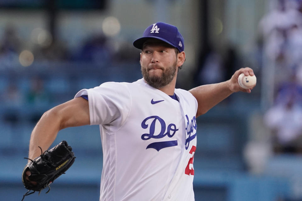 Los Angeles Dodgers starting pitcher Clayton Kershaw throws to the plate during the first inning of a baseball game against the Cleveland Guardians Friday, June 17, 2022, in Los Angeles. (AP Photo/Mark J. Terrill)