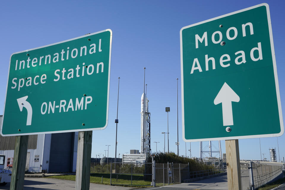 Northrup Grumman's Antares rocket is poised for launch at the NASA Wallops test flight facility Thursday, Oct. 1, 2020, in Wallops Island, Va. The rocket is set to launch Thursday evening to deliver supplies to the International Space Station. (AP Photo/Steve Helber)