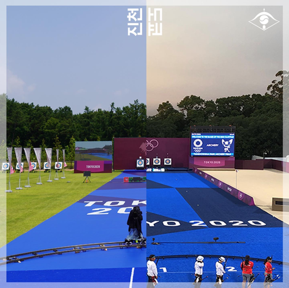 南韓射箭協會貼出「對照圖」，右側是實際的東奧射箭決賽場地，左側是南韓替選手布置的訓練場地，看起來十分相似。 (來源：南韓射箭協會)