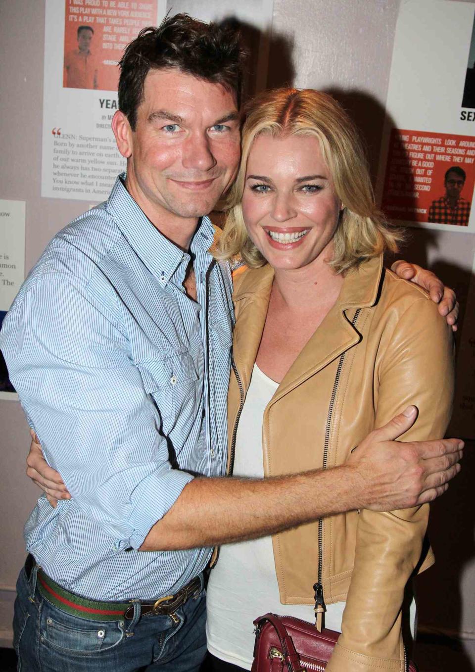 Jerry O'Connell and wife Rebecca Romijn pose backstage at the New York premiere of "American Hero" at Second Stage Theatre Uptown on May 13, 2014 in New York City