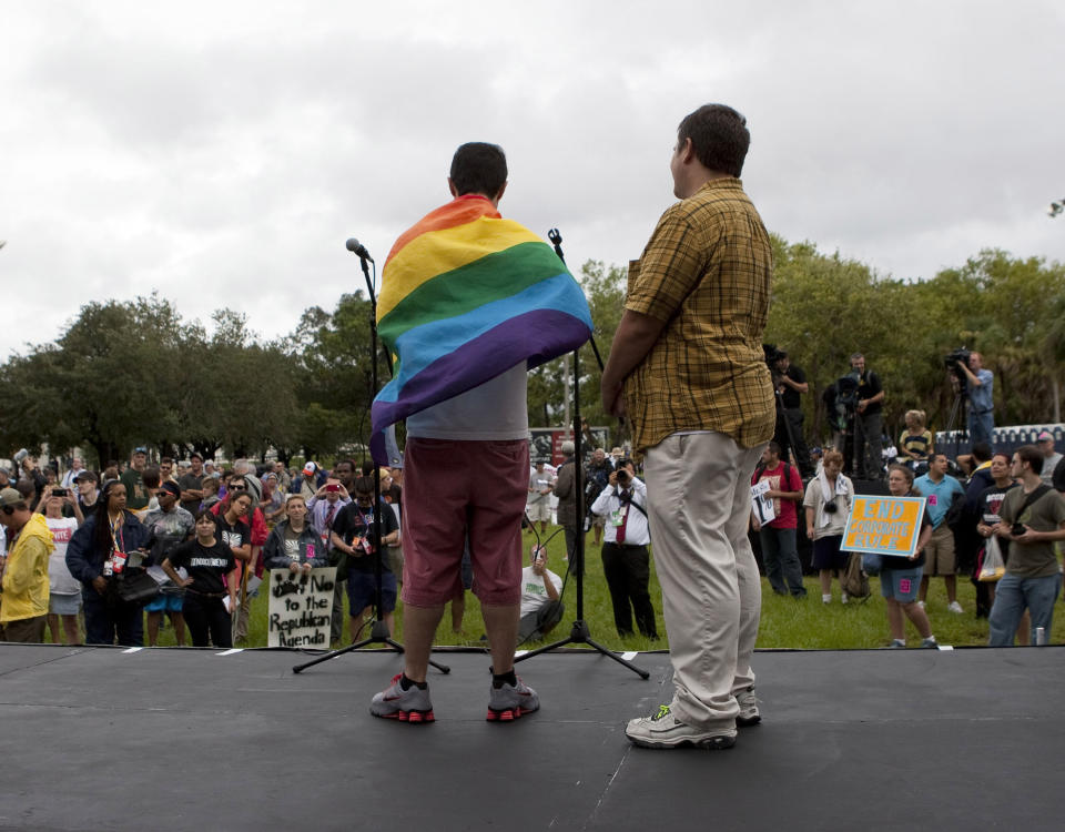 Speakers promoting equal rights for the LGBTQ community speak at the National Republican Convention on Aug. 27, 2012, near downtown Tampa. (Photo: Edward Linsmier via Getty Images)