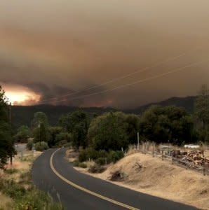 Flames and smoke rise from a treeline in Mariposa County, California, U.S., July 17, 2018 in this still image taken from a social media video obtained July 18, 2018. INSTAGRAM/@JSTETTS/via REUTERS