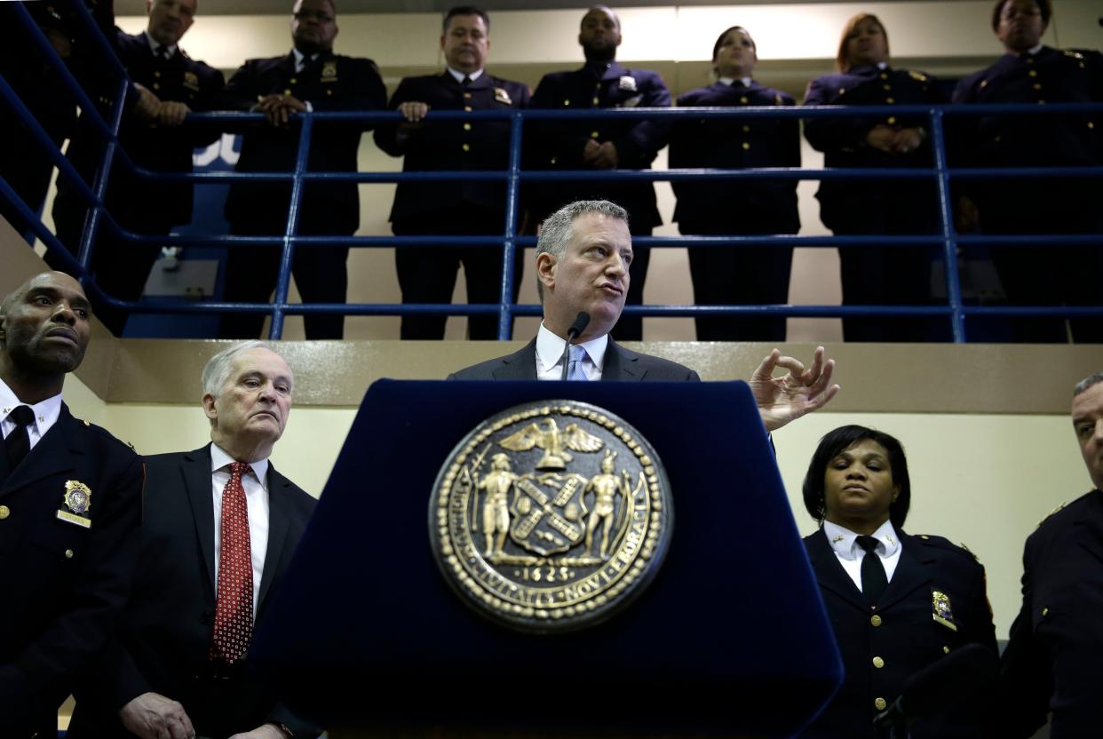 New York City Mayor Bill de Blasio holds a news conference on Rikers Island in New York in 2015.