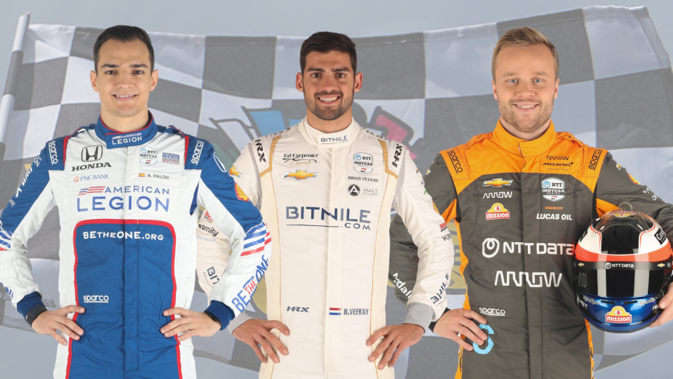 Row 1 for the 2023 Indianapolis 500 (from left): Pole-sitter Alex Palou, Rinus VeeKay, Felix Rosenqvist