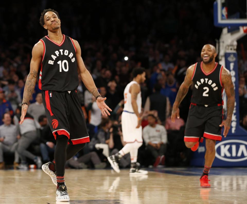 DeMar DeRozan soaks in the life-giving nutrients packed inside the disappointment of Knicks fans. (AP)