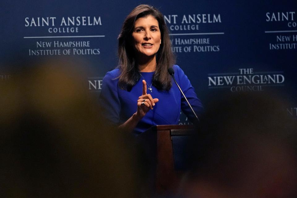 Republican presidential candidate Nikki Haley gestures while addressing a breakfast gathering at Saint Anselm College, Wednesday, May 24, 2023, in Manchester, N.H.