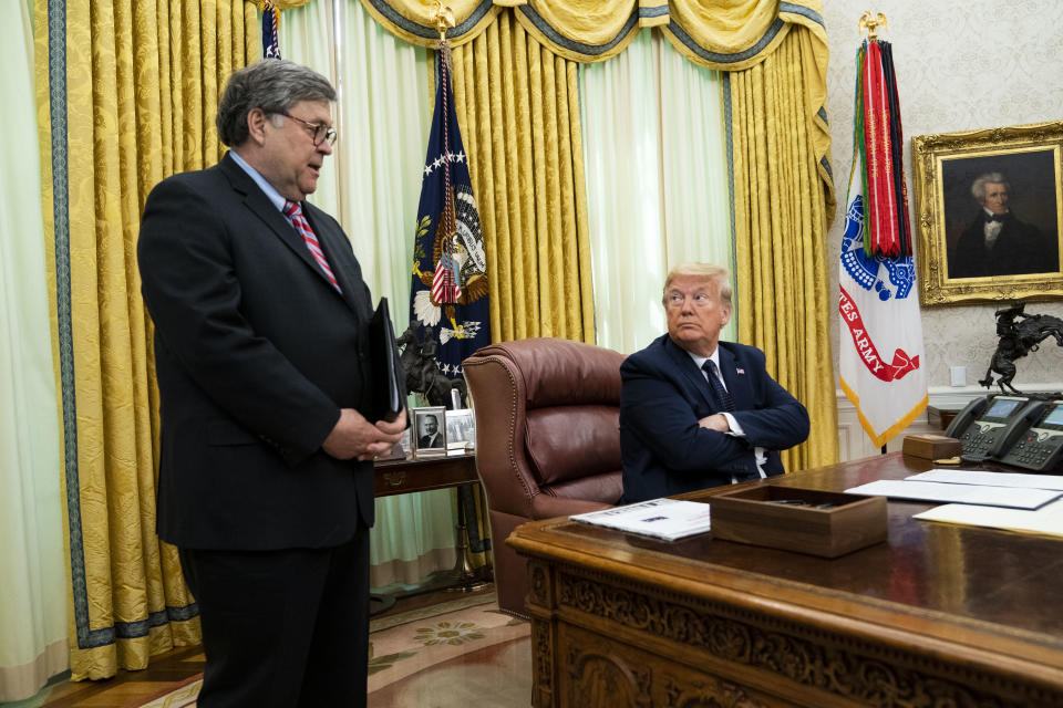 Attorney General William Barr, left, pictured with Donald Trump. Source: Getty