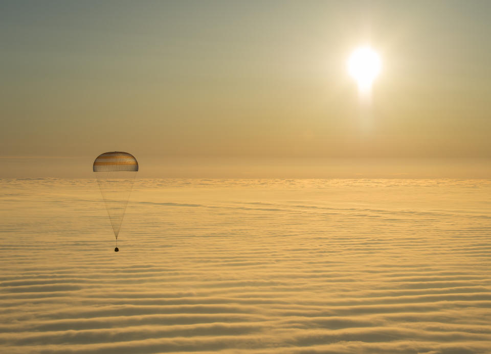 The Russian Soyuz TMA-14M&nbsp;spacecraft lands near the town of&nbsp;Zhezkazgan, Kazakhstan, as it <a href="http://www.nasaspaceflight.com/2015/03/iss-trio-end-iss-adventure-home-soyuz-tma-14m/">ends a six-month tour</a> of the International Space Station, on March 12.