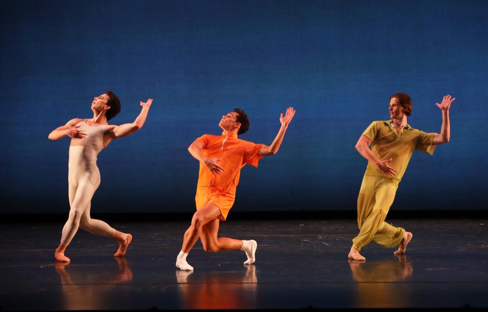 From left, Maximiliano Iglesias, Evan Gorbell and Luke Schaufuss in a scene from the world premiere of Gemma Bond’s “Excursions” at The Sarasota Ballet.