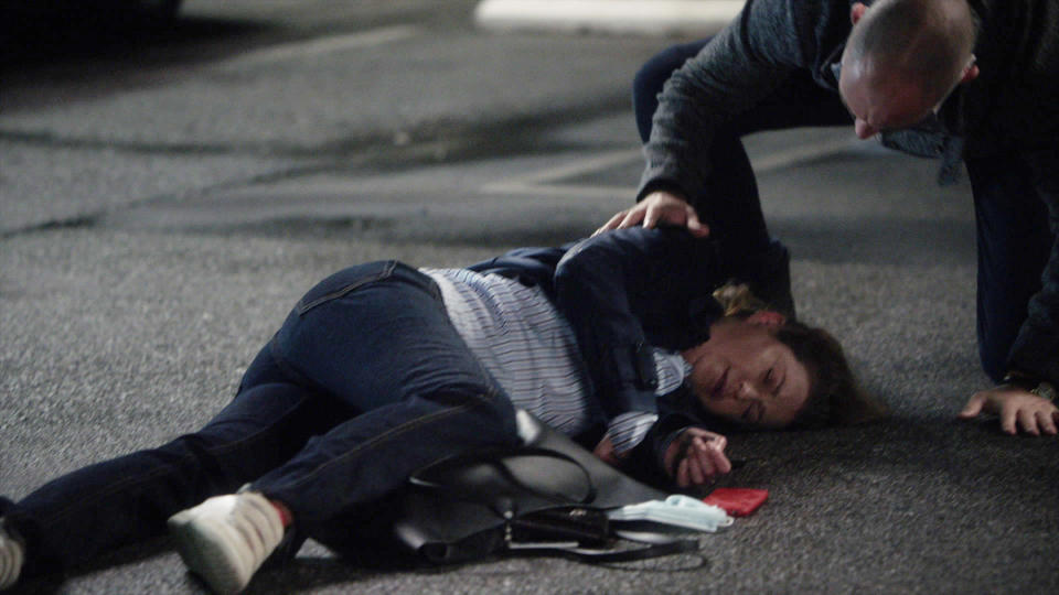 Ellen Pompeo’s Meredith Grey lies stricken on the floor in the season premiere of Grey’s Anatomy (ABC/PA)