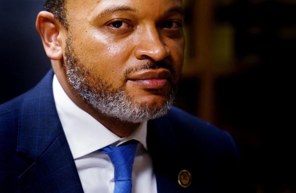 United States Attorney Brandon B. Brown during a July 18, 2023, press conference where he announced the indictment of 24 defendants on fraud charges related to the CARES Act. The defendants in this indictment are all members or associates of a Shreveport street gang that refer to themselves as Step or Die or SOD.