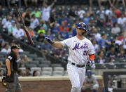 New York Mets' Pete Alonso flips his bat after flying out to centerfield during the first inning of the first game of a baseball doubleheader against the Atlanta Braves, Monday, July 26, 2021, in New York. (AP Photo/Bill Kostroun)