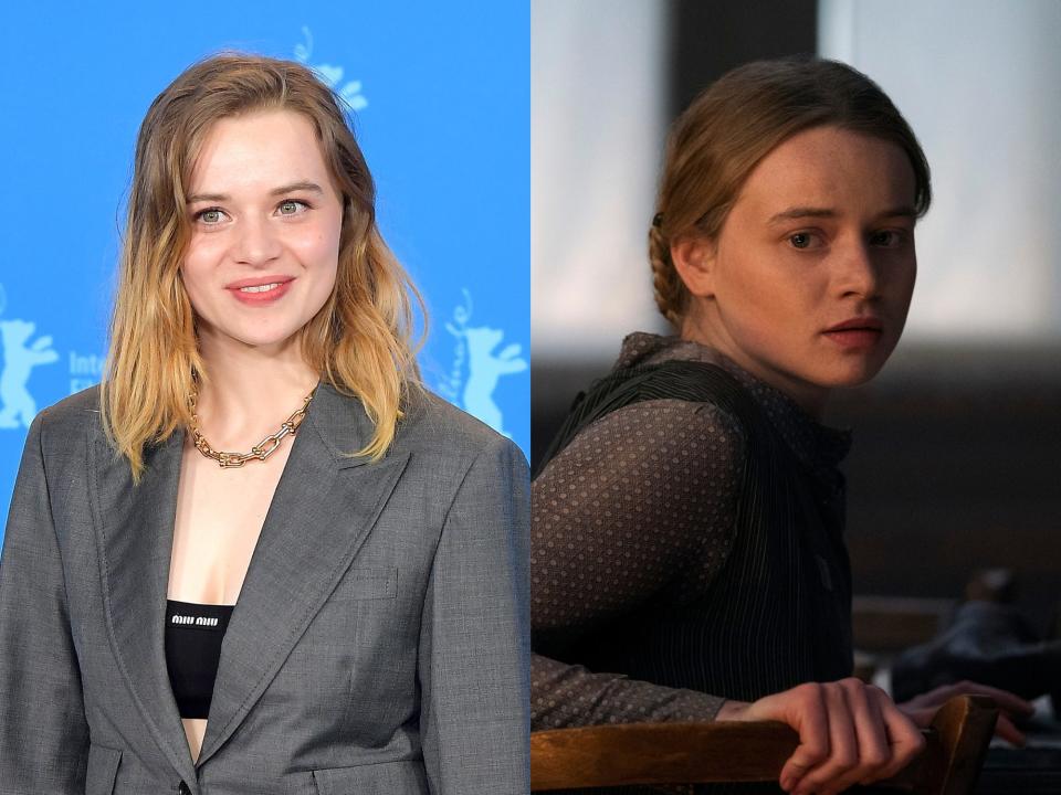 left: luna wedler wearing a grey blazer over a black bandeau top, smiling on a red carpet with her hair worn loose; right: wedler as jutta in all the light we cannot see, her hair braided back, wearing dark colored plain clothes, and turning to look back curiously