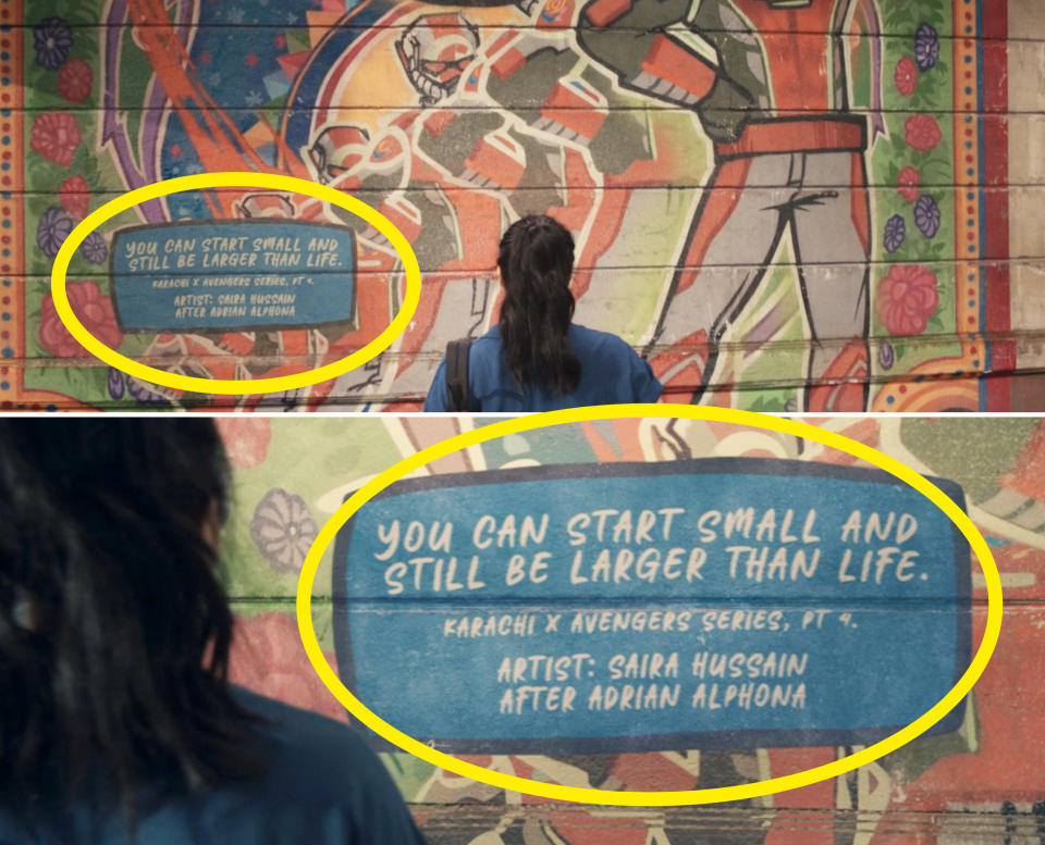 A close-up of the mural with the quote, "You can start small and still be larger than life"