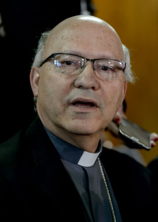 The secretary general of Chile's Episcopal Conference, Monsignor Fernando Ramos, speaks at a press conference on August 03, 2018, after a meeting with bishops